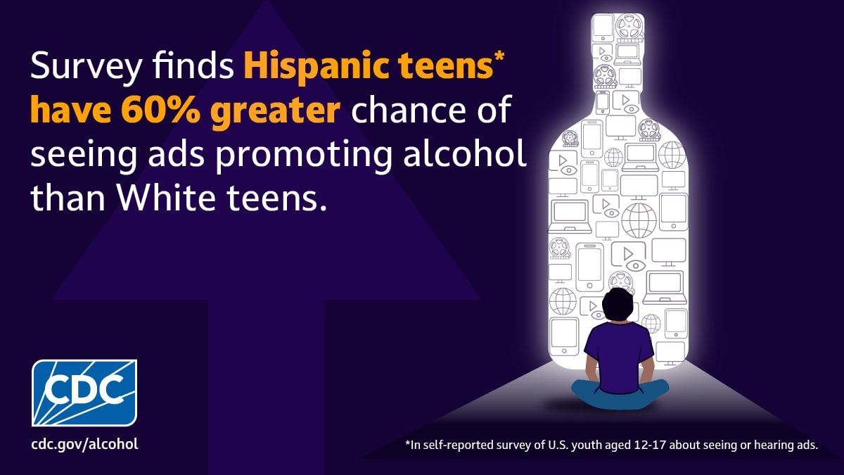 Teen looking at digital screens in the form of an alcohol bottle with text, "Survey finds Hispanic teens have 60% greater chance of seeing ads promoting alcohol than White teens."