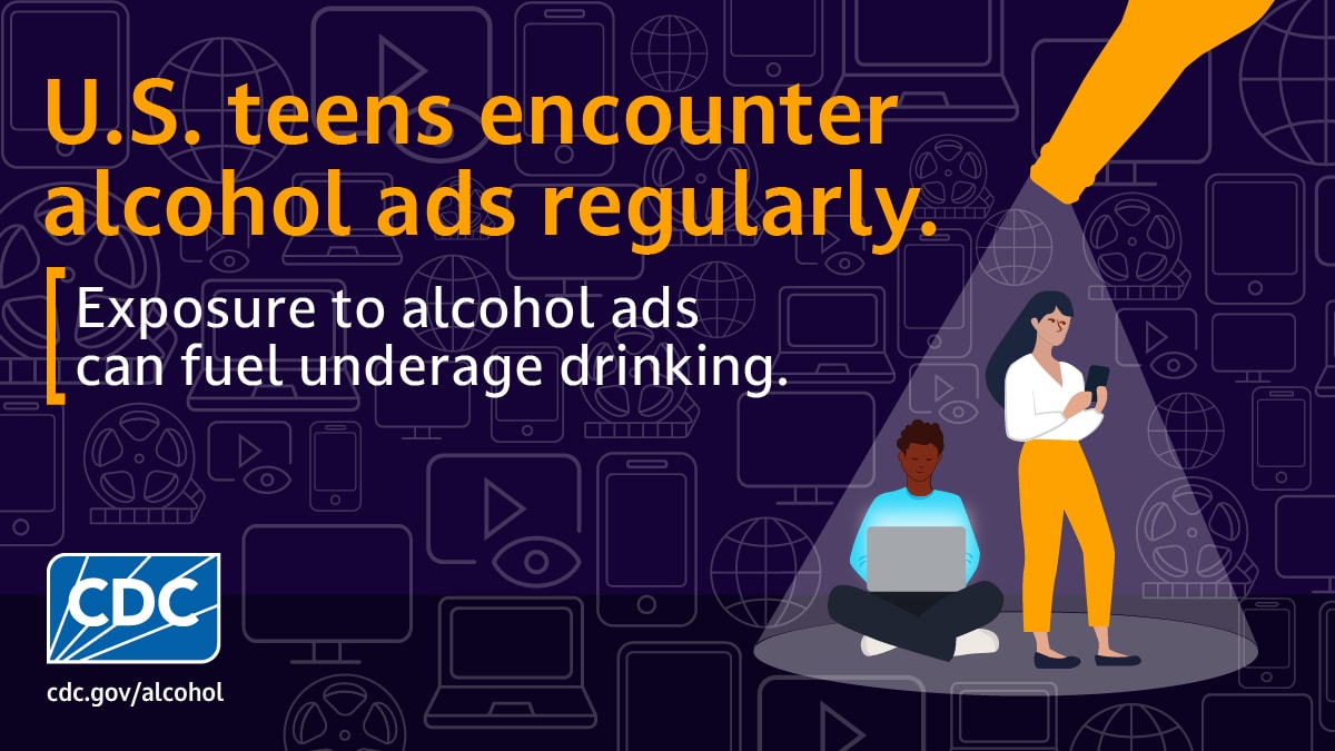 Teens on laptop and phone with text, "U.S. teens encounter alcohol ads regularly. Exposure to alcohol ads can fuel underage drinking."