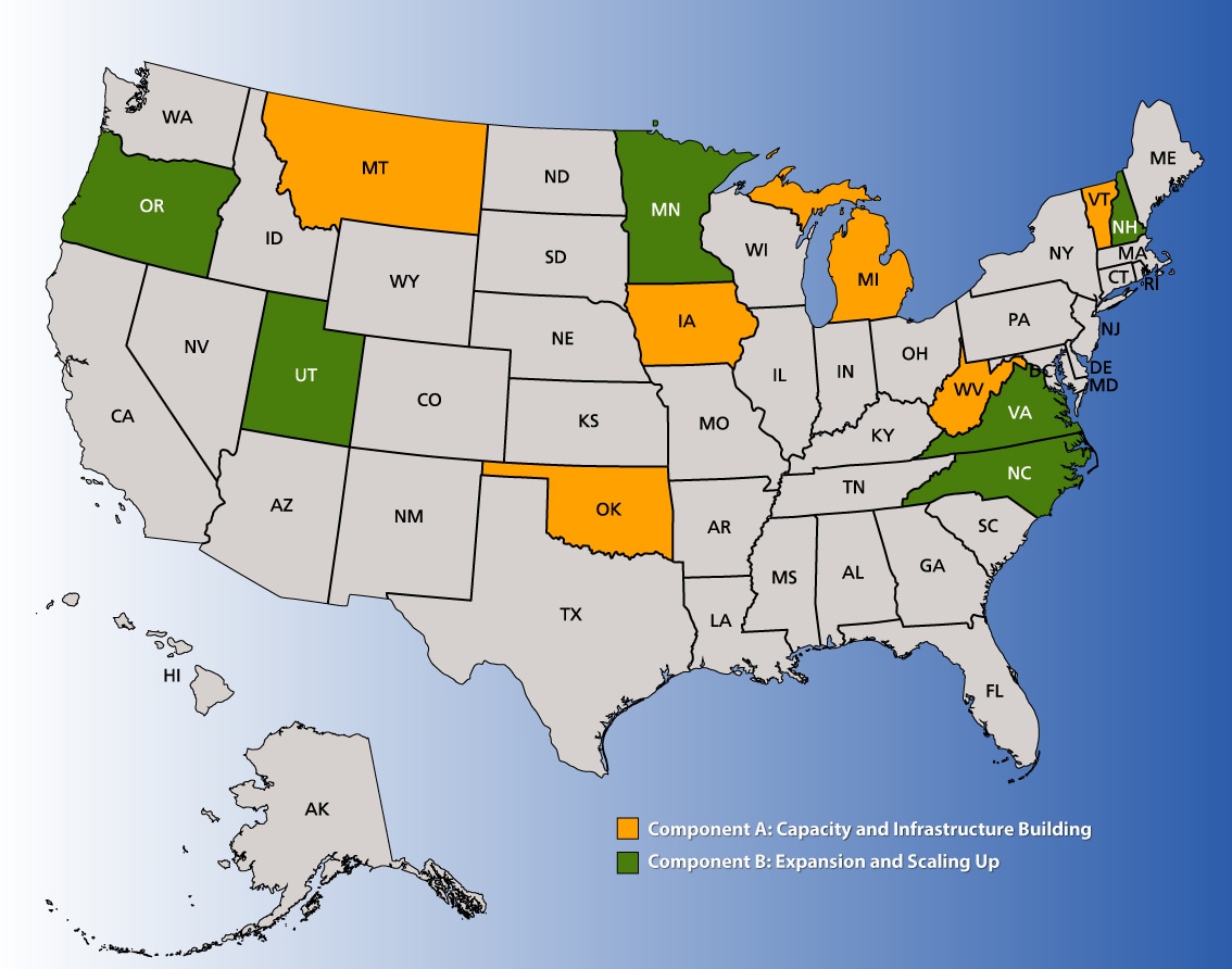 United States map highlighting the 12 states funded by CDC: Iowa, Michigan, Minnesota, Montana, New Hampshire, Oklahoma, Oregon, North Carolina, Utah, Vermont, Virginia, West Virginia