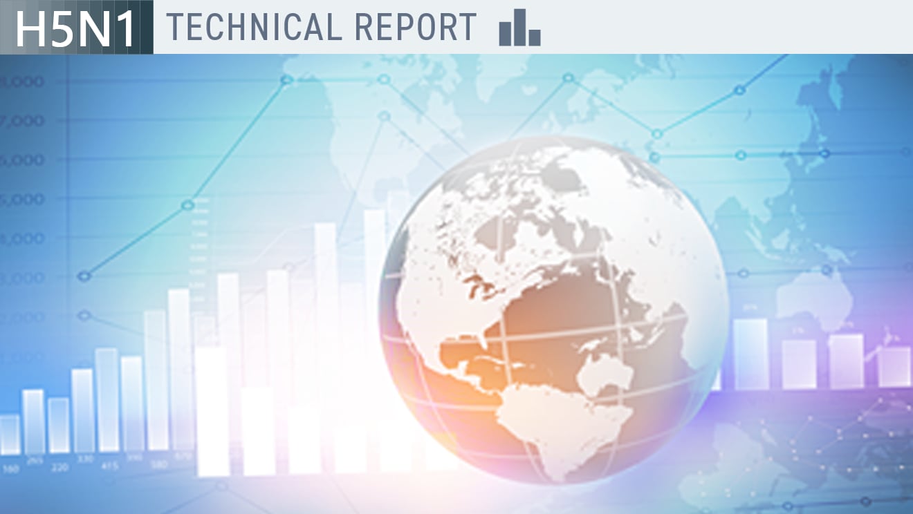 Decorative: The globe above glowing signal bars with the title "H5N1 Technical Report."