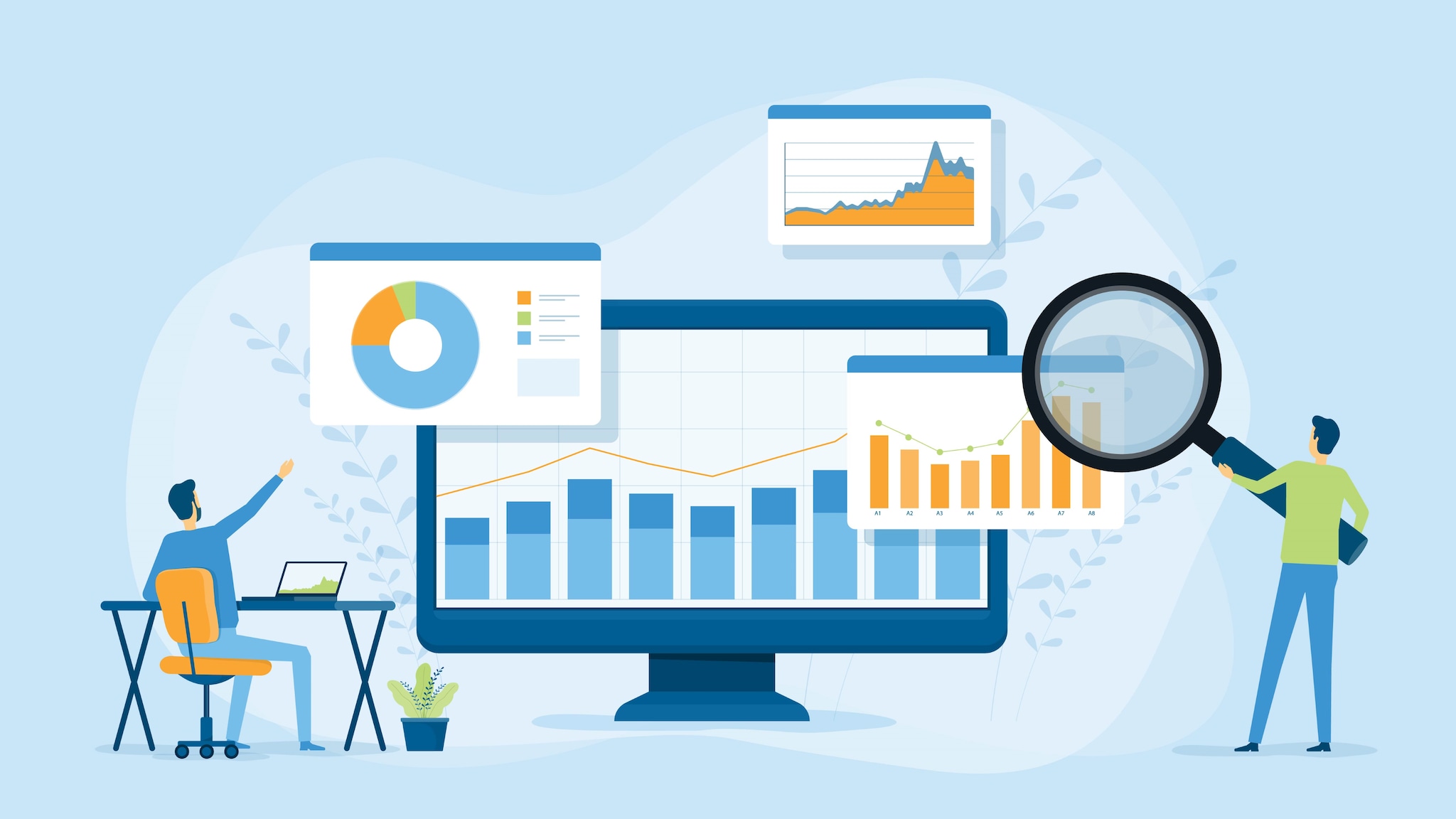 illustration of magnifying glass over computer bar graph with other graphs to represent data concepts