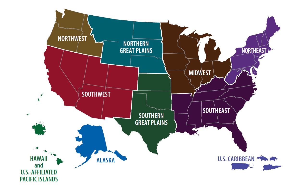 Map of the United States showing the 10 different Regional Health Effects regions