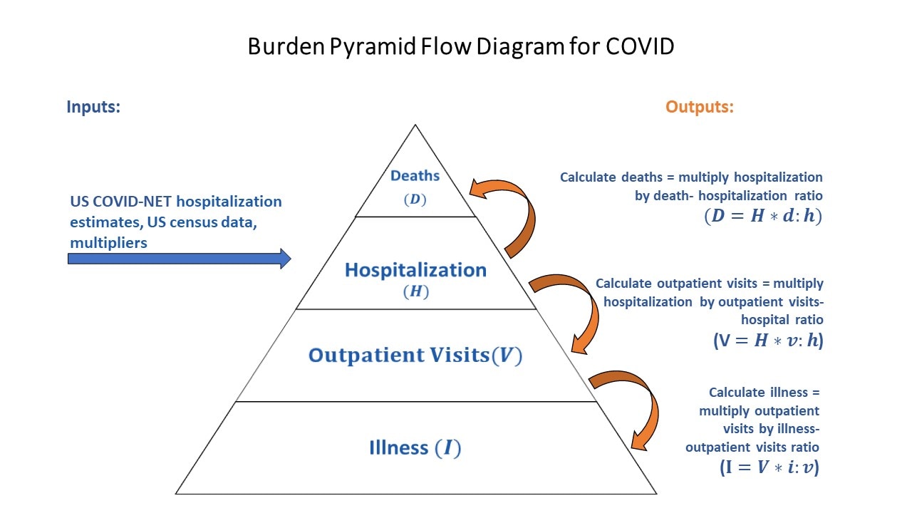 Starting on the left, there is an arrow that leads to a pyramid. The left-most arrow is labeled "US COVID-NET hospitalization estimates, US Census data, multipliers ". The arrow, labelled "US COVID-NET hospitalization estimates, US Census data, multipliers", is leading right to the upper middle of the pyramid, which is labeled "Hospitalization (H)". In the pyramid, the base is labeled "Illness (I)", the lower middle section is labeled "Outpatient Visits (V)", and the top is labeled "Deaths (D)". On the right-side of the pyramid are arrows coming from the top middle section titled “Hospitalization (H)”, with one leading up to the top section, labeled "Deaths (D)", and another arrow leading down to the lower middle section, labeled "Outpatient Visits (V)". An additional arrow comes from the lower middle section, labeled "Outpatient Visits (V)” and leads down to the base is labeled "Illness (I)".