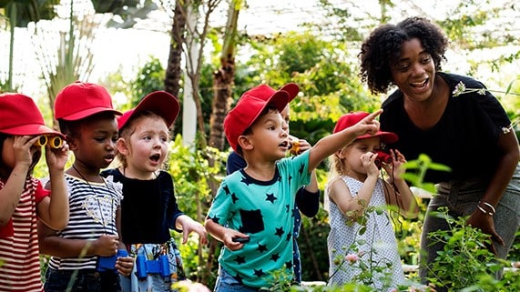 Children in garden with their teacher.