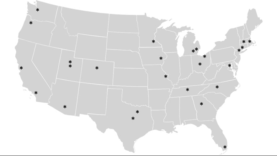 U.S. map showing the 26 participating sites of the IVY Network.