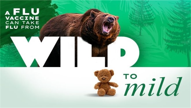 A flu vaccine can take flu from wild to mild. Growling bear stands behind "wild" and a teddy bear is next to "mild."