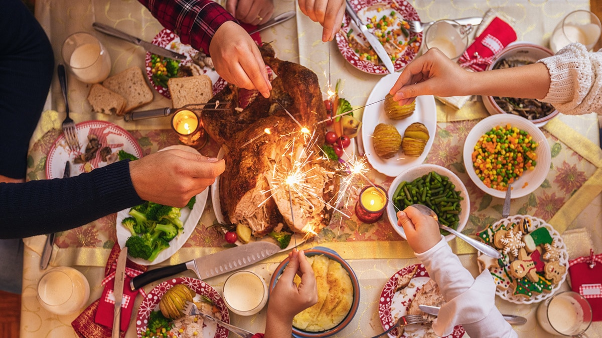 Table of food at holiday gathering