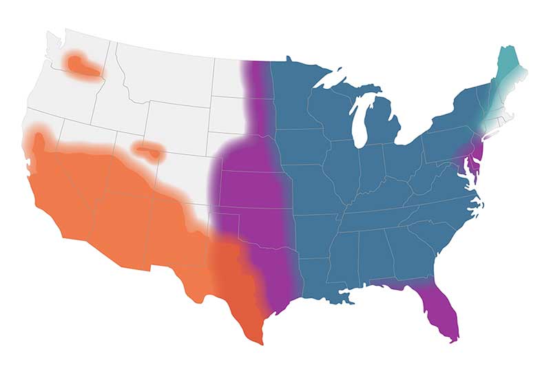 Map of the United States showing CDC’s current estimates of where the fungi that cause blastomycosis, coccidioidomycosis (Valley fever), and histoplasmosis live in the environment