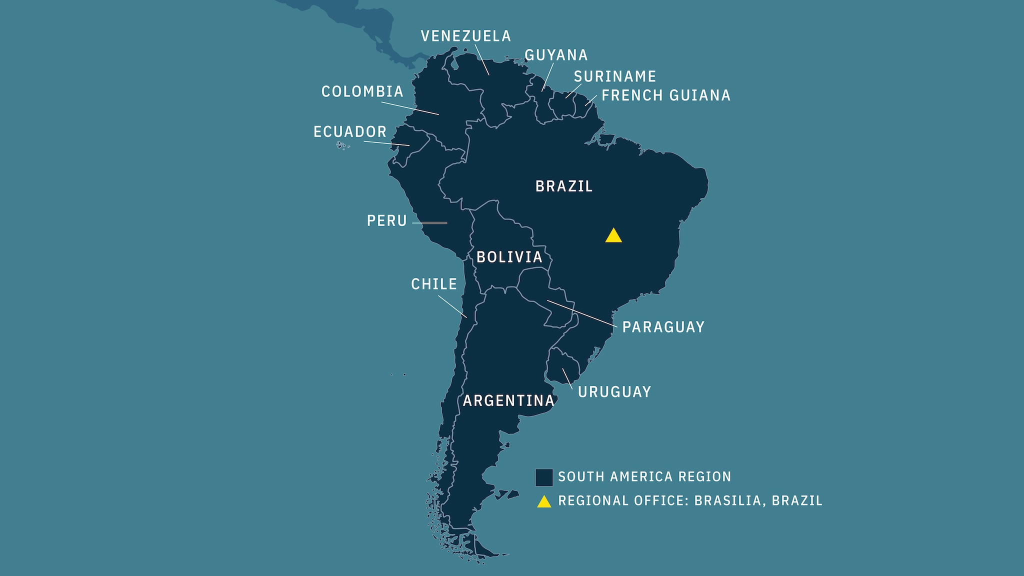 Countries included in the region: Argentina, Bolivia, Brazil, Chile, Colombia, Ecuador, French Guiana*,  Paraguay, Peru, Uruguay, Venezuela