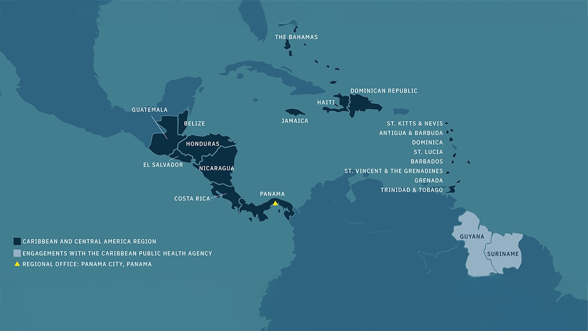 Countries included in the region: Belize, Costa Rica, El Salvador, Guatemala, Honduras, Nicaragua, Panama, Antigua and Barbuda, The Bahamas, Barbados, Dominica, Dominican Republic, Grenada, Guyana, Haiti, Jamaica, Saint Lucia, St. Kitts and Nevis, St. Vincent and the Grenadines, Suriname, Trinidad and Tobago