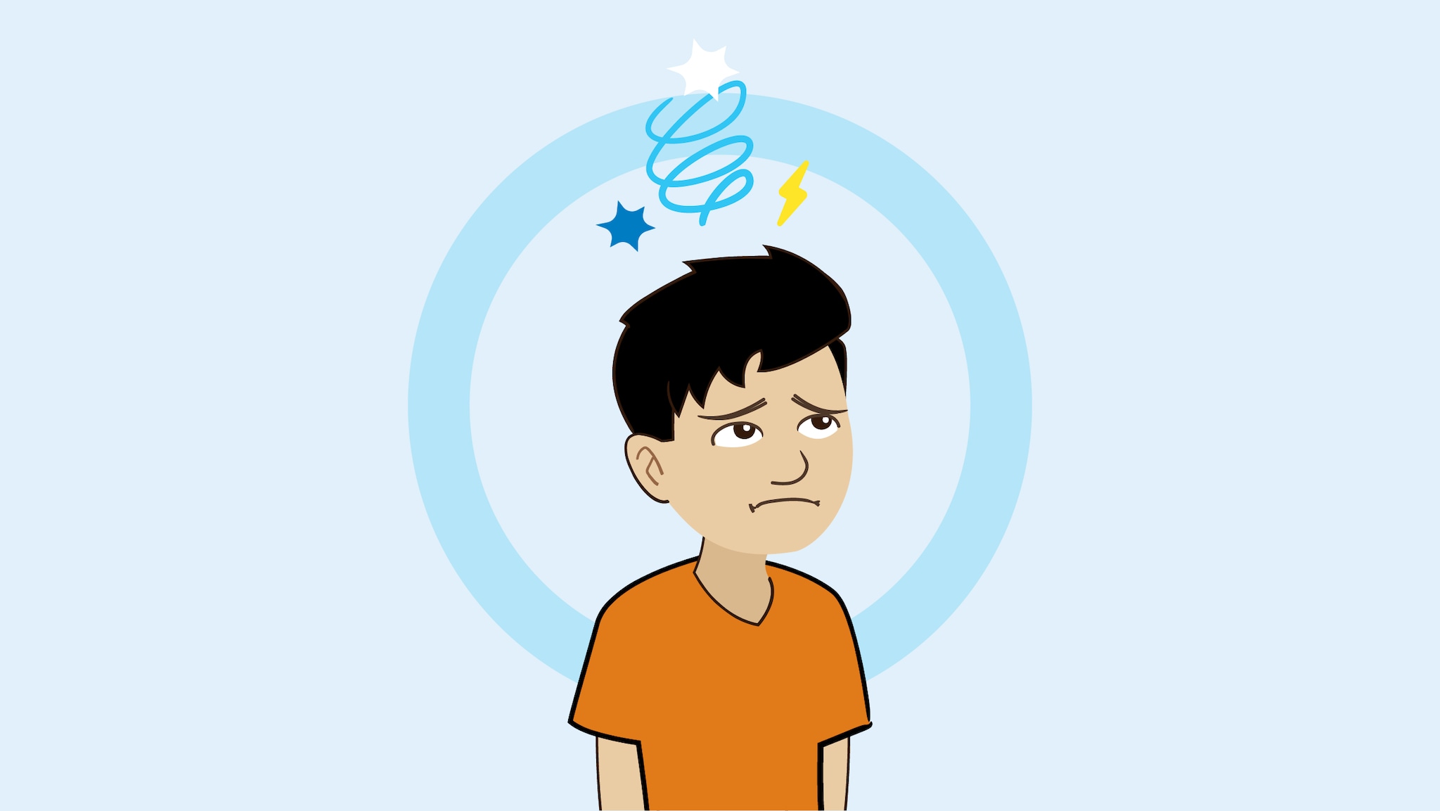 Animated sad boy with spirals and stars above head.