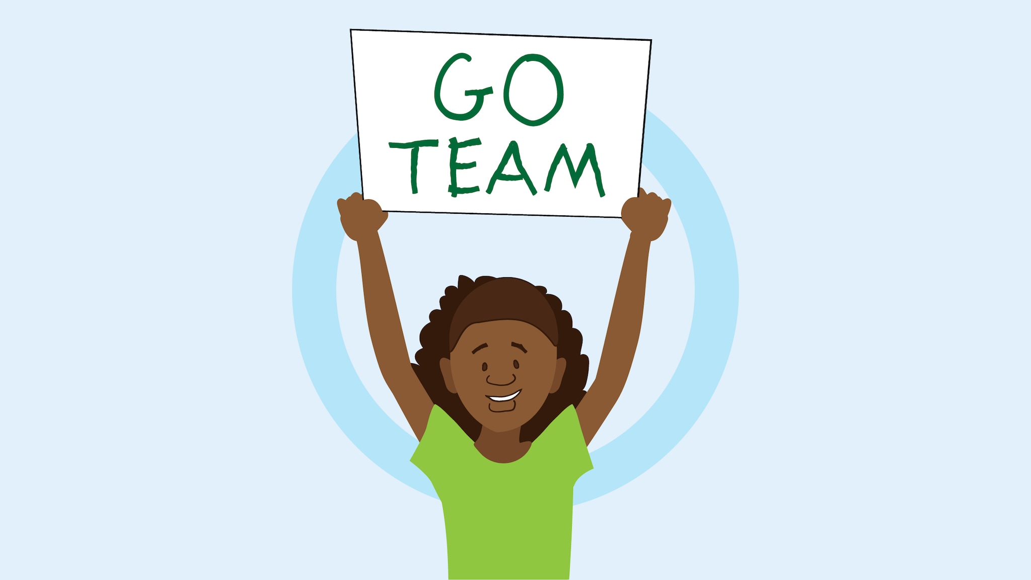 Animated Black girl holding sign above her head that says Go Team