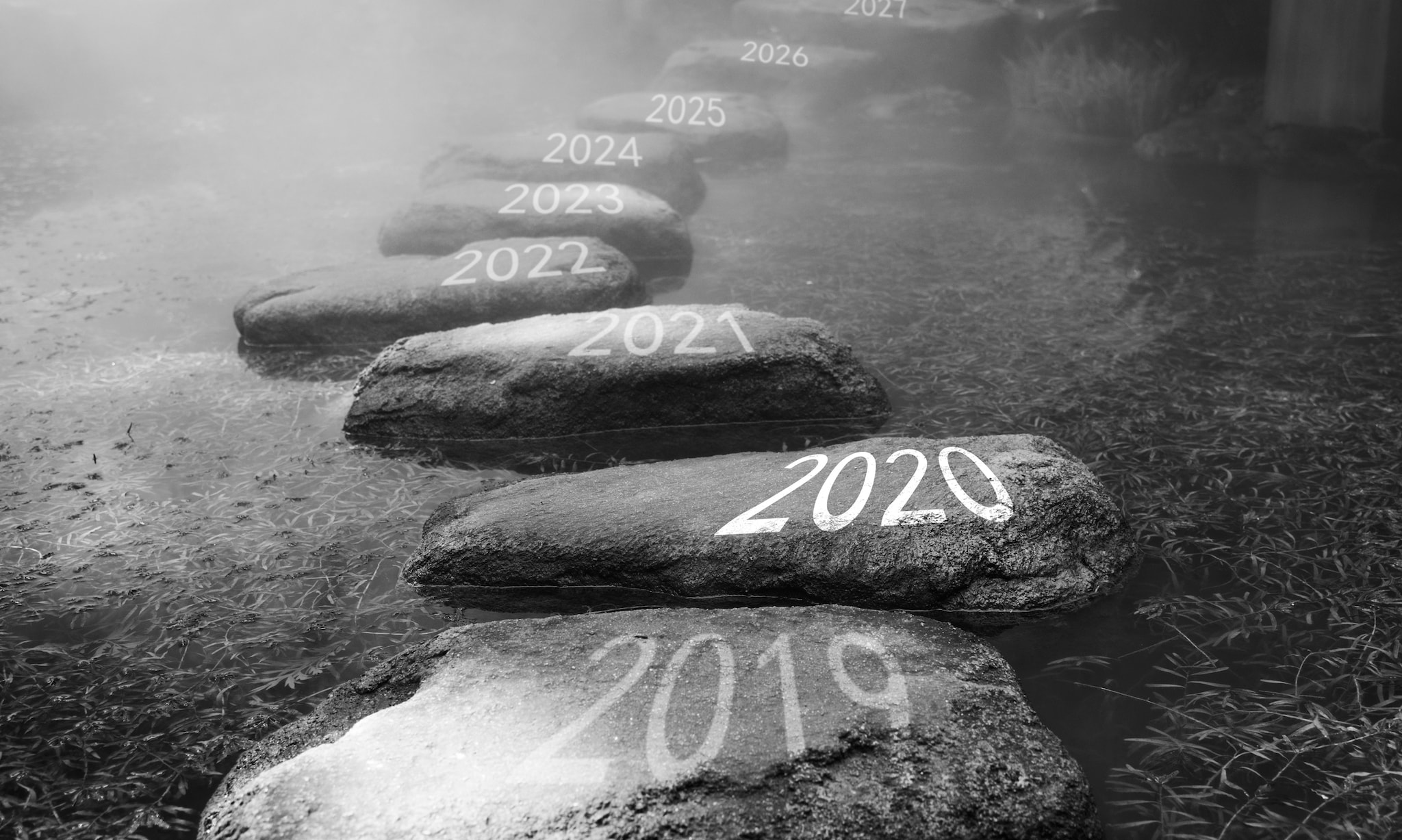 Nine rocks with a year (in white) on each starting with 2019