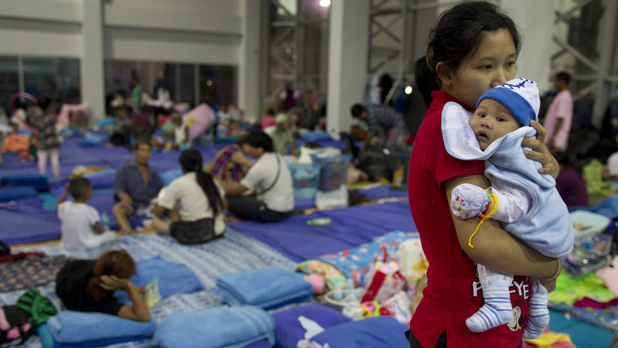 Mother and infant in a shelter.