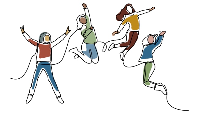 Illustration of four people celebrating together and having fun in a lively and joyful scene.