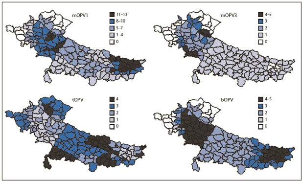 The figure shows the number of supplementary immunization activity (SIA) rounds, by vaccine used and district in Uttar Pradesh, Bihar, and surrounding areas in India from January 2009-October 2010. SIAs are mass campaigns conducted over a period of multiple days in which 1 dose of oral polio vaccine is administered to all children aged <5 years, regardless of vaccination history. Surveillance data analysis determines the geographic extent of campaigns (i.e., national or subnational).