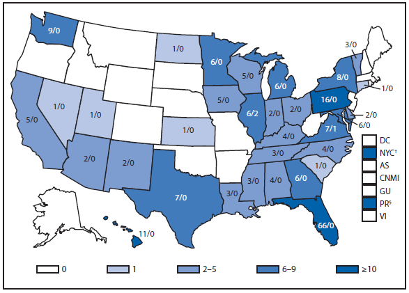 This figure is a map of the United States that presents the number of cases of dengue fever and dengue hemorrhagic fever in the United States and its territories in 2011.