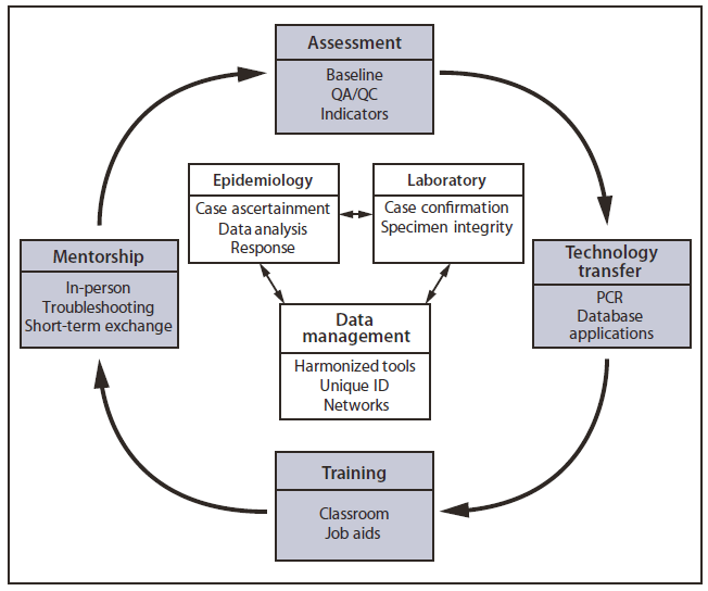 The figure shows the model for meningitis surveillance and capacity-building used in the 'meningitis belt' in Africa. Based on the evaluation findings, recommendations were made to Burkina Faso and Mali to improve epidemiologic and laboratory capacity. Since March 2008 in Burkina Faso and December 2010 in Mali, surveillance has been strengthened through baseline assessments, technology transfer, training, and mentorship.