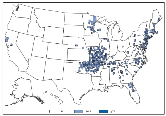 Ehrlichiosis, Human Monocytic. Number of reported cases, by county --- United States, 2007