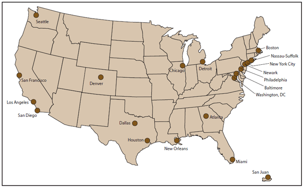 This figure is a map of the United States showing the 20 panticipating metropolitan statistical areas for the second cycle of the National HIV Behavioral Surveillance System for Injecting Drug Users in 2009: Seattle, San Francisco, Los Angeles, San Diego, Denver, Dallas, Houston, New Orleans, Chicago, Detroit, Atlanta, Miami, Boston, Nassau-Suffolk, New York City, Newark, Philadelphia, Baltimore, Washington, DC, and San Juan.