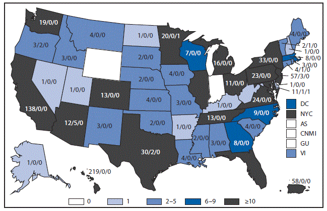 This figure is a map of the United States that presents the number of cases of dengue in the United States and its territories in 2015.