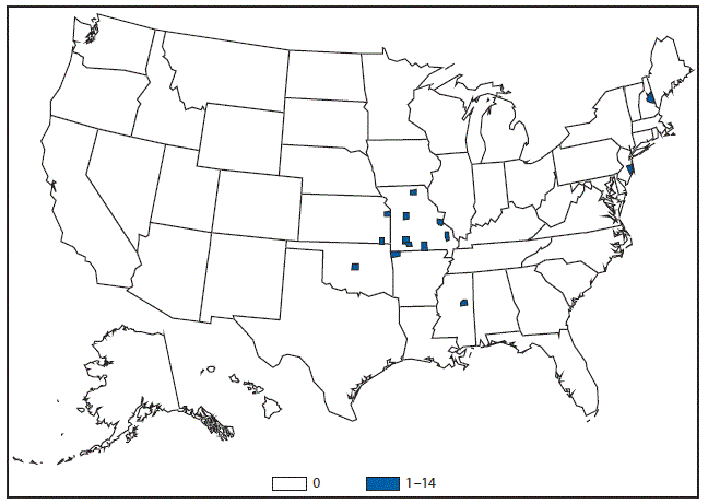 This figure is a map of the United States that presents the number of Ehrlichiosis (Ehrlichia ewingii) cases in by county in 2015.