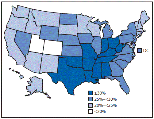 The figure above is a map of the United States showing the prevalence of self-reported physical inactivity among adults aged â‰¥50 years during 2014.