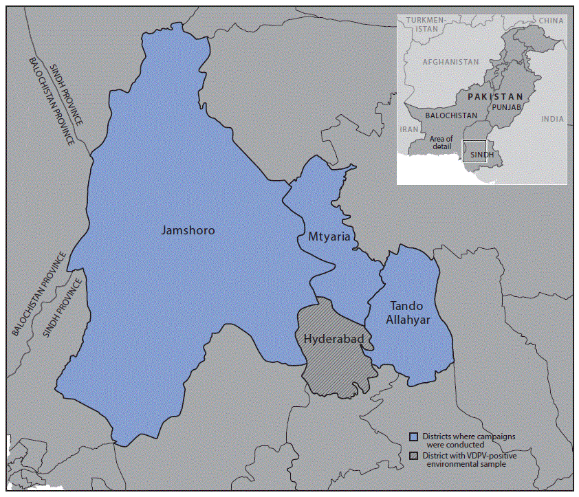 The figure above is a map showing the location of fractional inactivated poliovirus vaccine campaign in Sindh Province, Pakistan during October–November 2016.