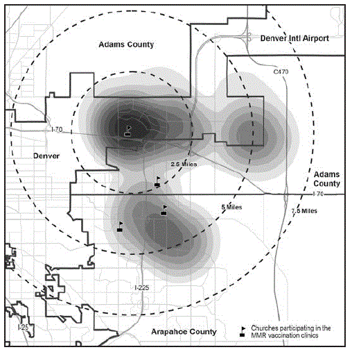 The figure is a map showing geographic density of an outbreak of mumps cases (n = 46) by geocoded residential address and location of measles-mumps-rubella vaccination clinics held during the public health response in Colorado during 2016–2017.