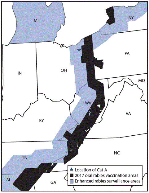 The figure is a map of Ohio and surrounding states and area showing oral rabies vaccination and enhanced rabies surveillance during 2017.