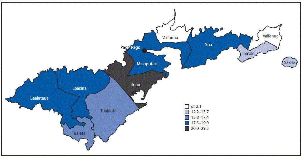 The figure is a map of American Samoa showing the number of laboratory-confirmed dengue cases per 1,000 persons, by county of residence, during November 2016–October 2018.