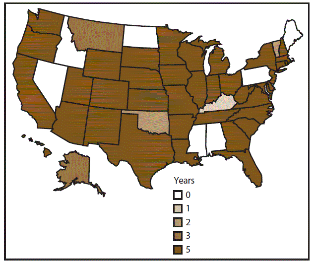 The figure is a map of the United States that shows the number of years that cyclosporiasis was reportable, by public health jurisdiction, during 2011–2015.