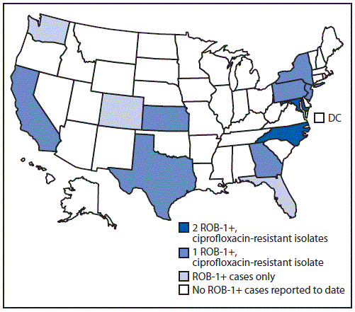 The figure is a U.S. map, showing the states reporting identification of 33 antimicrobial-resistant Neisseria meningitidis isolates during 2013–2020.