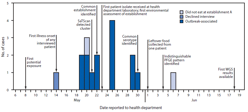 The figure is a histogram, an epidemiologic curve showing the 17 cases included in a SaTScan spatiotemporal cluster, by the date reported to the health department in New York City, during May–June 2019.