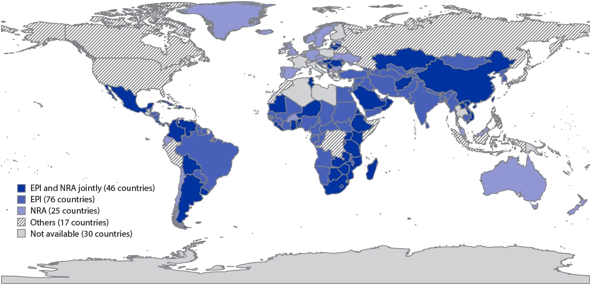 The figure is a map showing sources of data for adverse events following immunization that are reported by country on the WHO/UNICEF Joint Reporting Form.