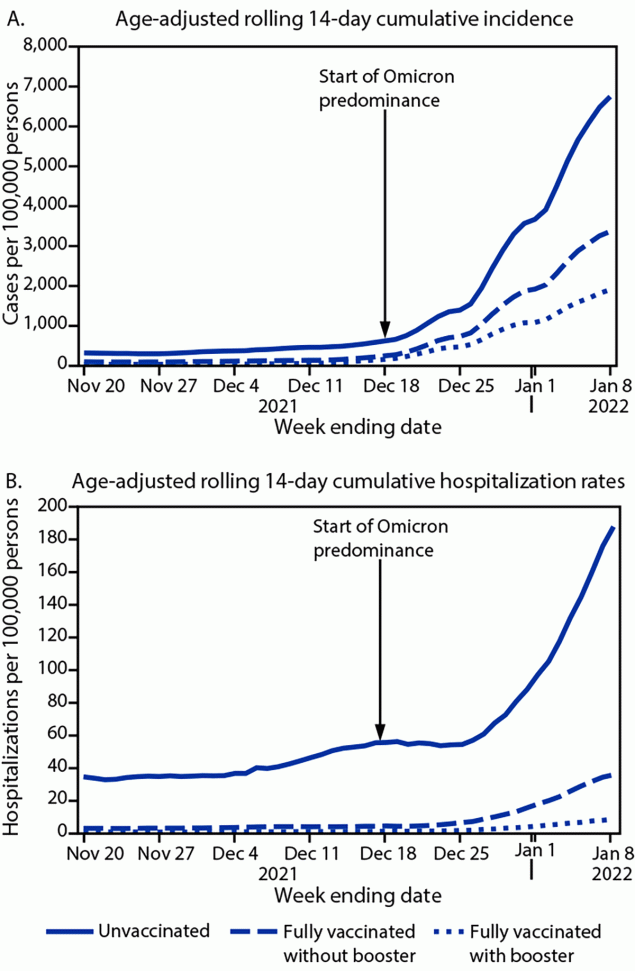 The figure is a pair of line graphs indicating the age-adjusted rolling 14-day SARS-CoV-2 cumulative incidence in panel A and hospitalization rates in panel B, by vaccination status in Los Angeles County, California during November 7, 2021–January 8, 2022.