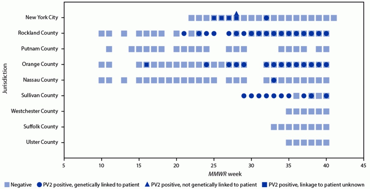 This figure consists of a series of boxes and circles illustrating wastewater polio test results by jurisdiction in 13 counties in New York and New York City during March 9–October 11, 2022.