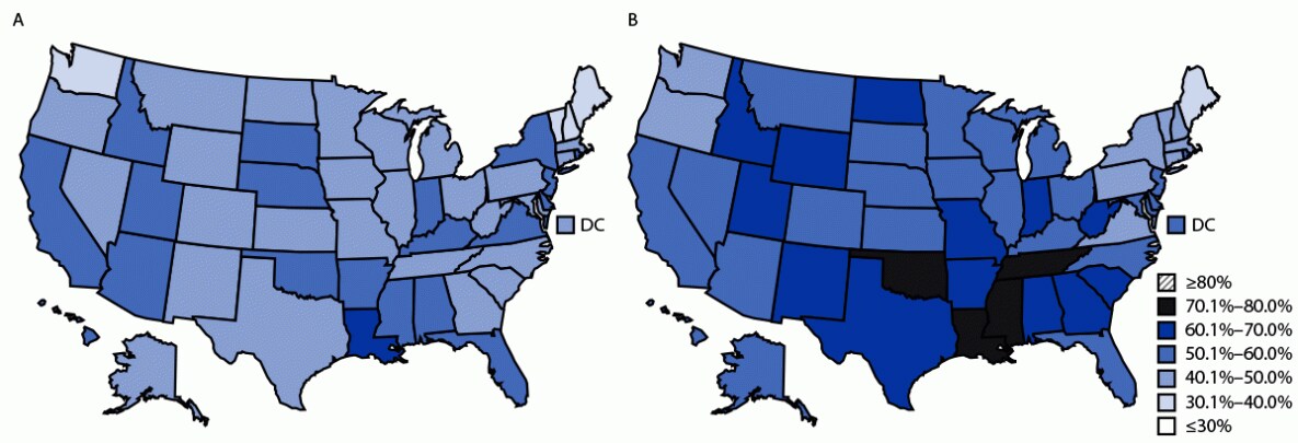 Figure shows the number of children aged 1-5 years who a) ate vegetables less than once a day during the preceding week, and b) drank at least one sugar-sweetened beverage in the preceding week, by state, according to the National Survey of Children's Health during 2021.