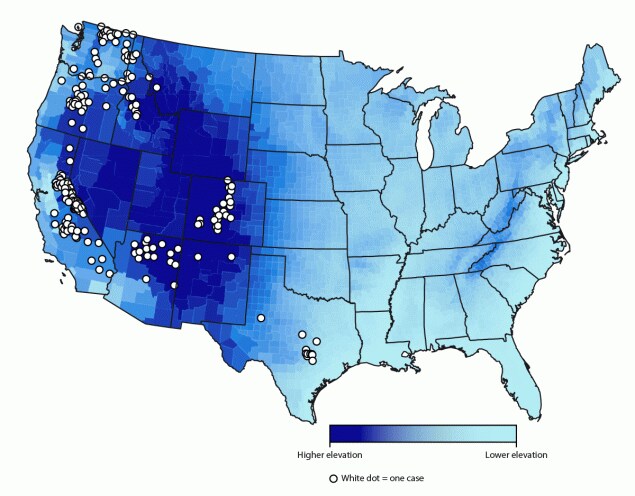 The figure is a map of the United States showing cases of soft tick relapsing fever, by county of exposure, during 2012–2021.