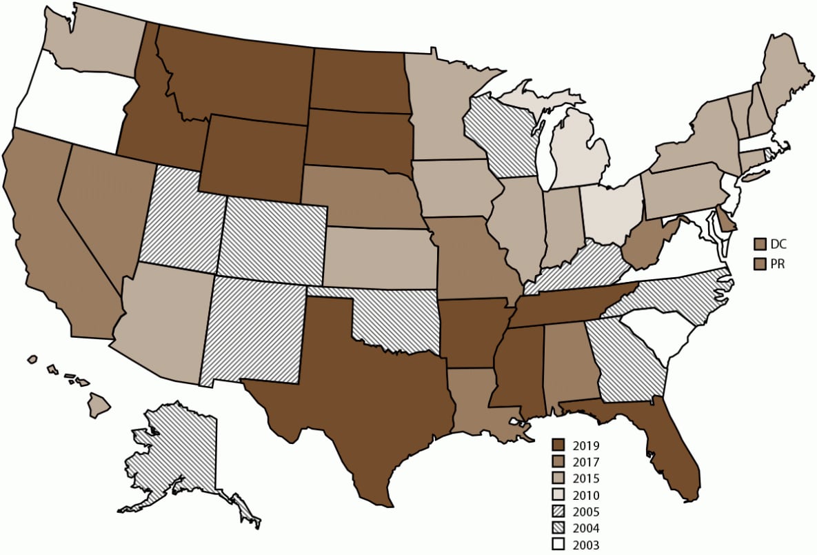 The figure is a map of the United States showing the states participating in the National Violent Death Reporting System, by year of initial data collection during 2003–2021.