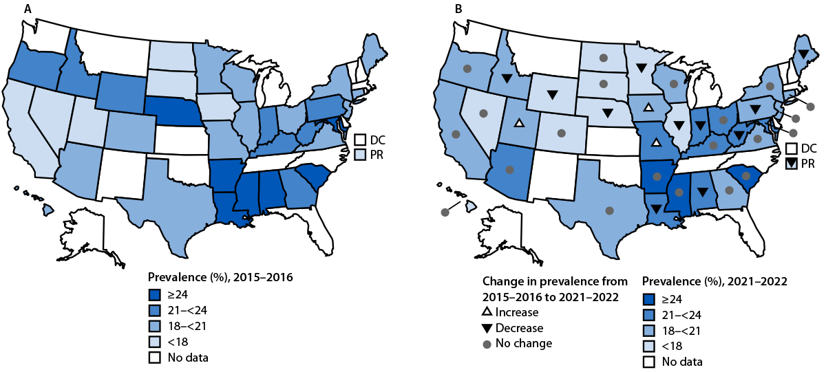 The figure comprises two U.S. maps indicating the prevalence of caregiving, and changes from 2015–2016 to 2021–2022 among adults in 35 states and Puerto Rico, using data from the Behavioral Risk Factor Surveillance System.