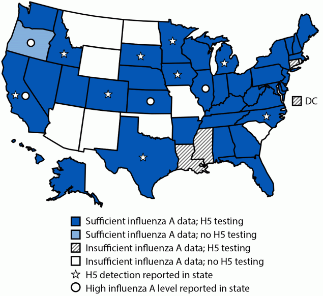 The figure is a map illustrating influenza A virus and H5 subtype testing in wastewater and sites with high levels of influenza A virus or H5 detections reported to CDC, in the United States during May 12–July 13, 2024.