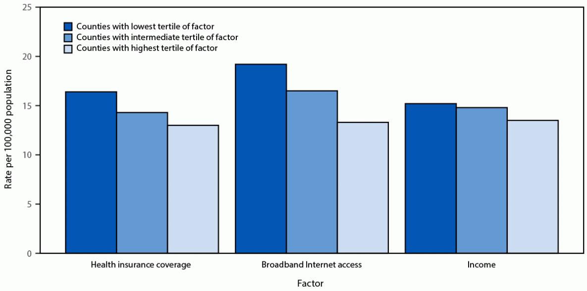 This figure is a bar chart depicting suicide rates in the United States during 2022 by tertiles of selected county-level factors, according to the National Vital Statistics System.