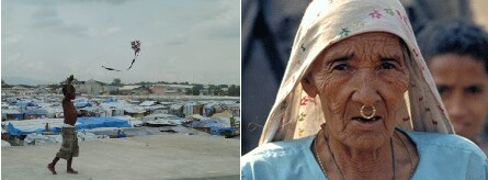 Left: Young boy flying a kite in refugee camp. Right: Older female refugee.