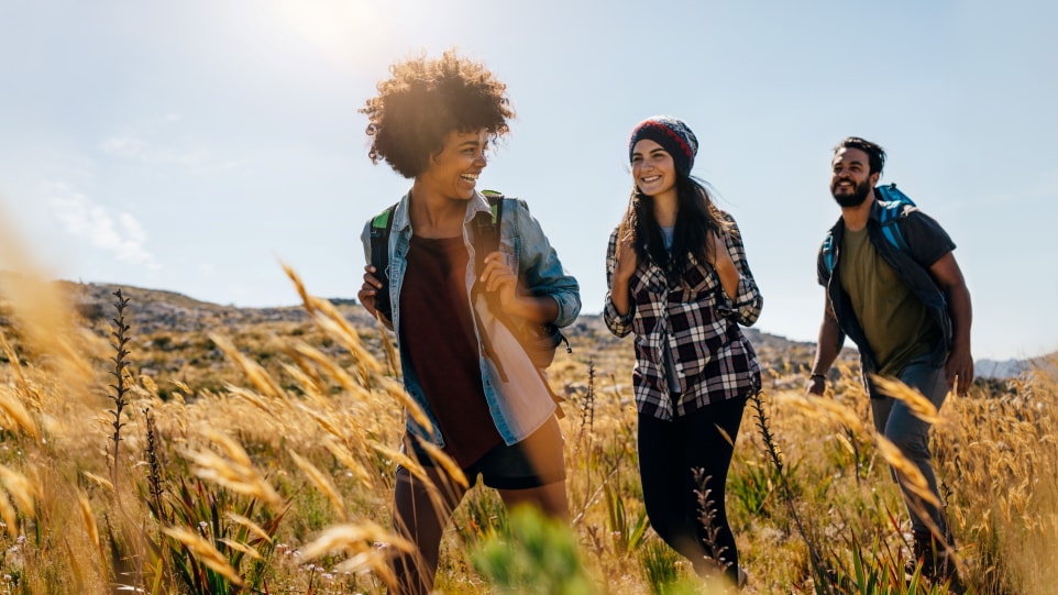 Young adults walking in a field