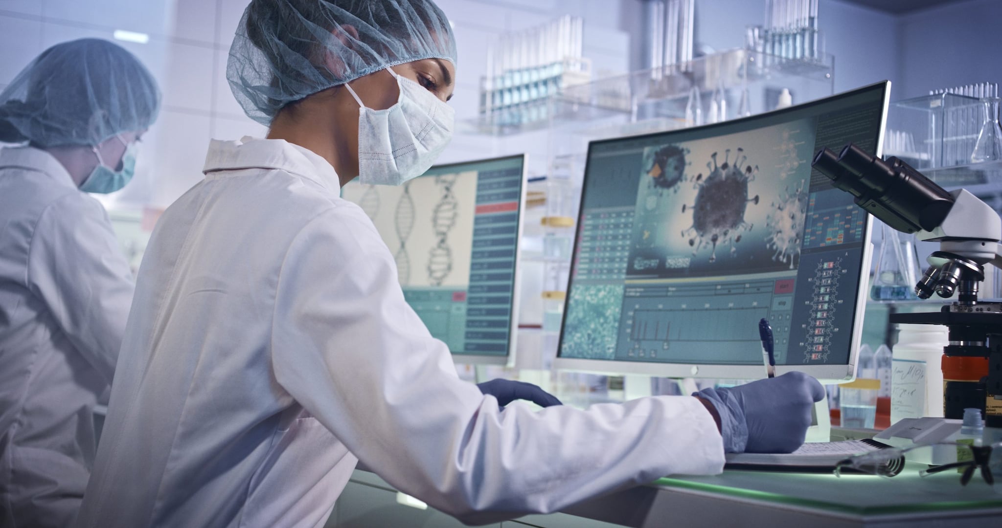 Infectious disease scientists working in a laboratory.