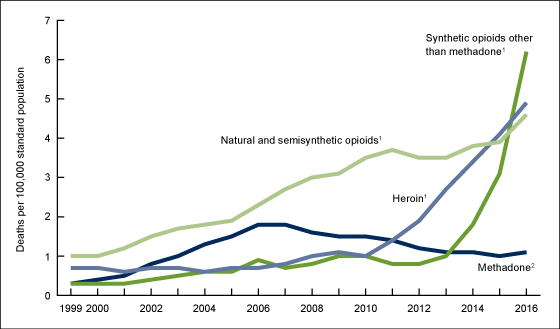 Figure 4 is a bar chart on the age-adjusted drug overdose death rates, by opioid category: United States, 1999–2016.