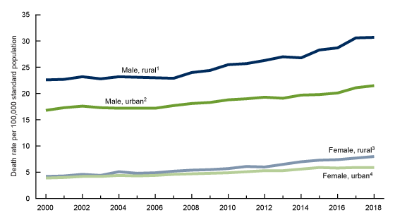 Figure 2. This is a line chart of suicide rates by sex and urban-rural status for all ages for the United States, 2000–2018.