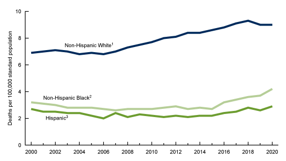 Figure 2 is a line chart showing age-adjusted firearm suicide death rates for non-Hispanic White, non-Hispanic Black, and Hispanic people in the United States from 2000 through 2020. 