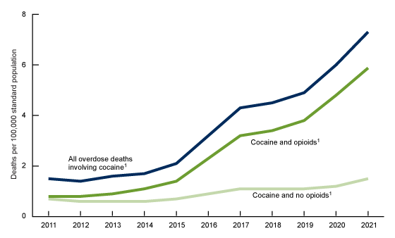 Figure 1 is a line graph showing the age-adjusted rate of drug overdose death rates involving cocaine, by co-involvement of opioids from 2011 through 2021 in the United States.